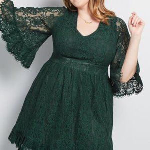 Dark green lace bell sleeve dress